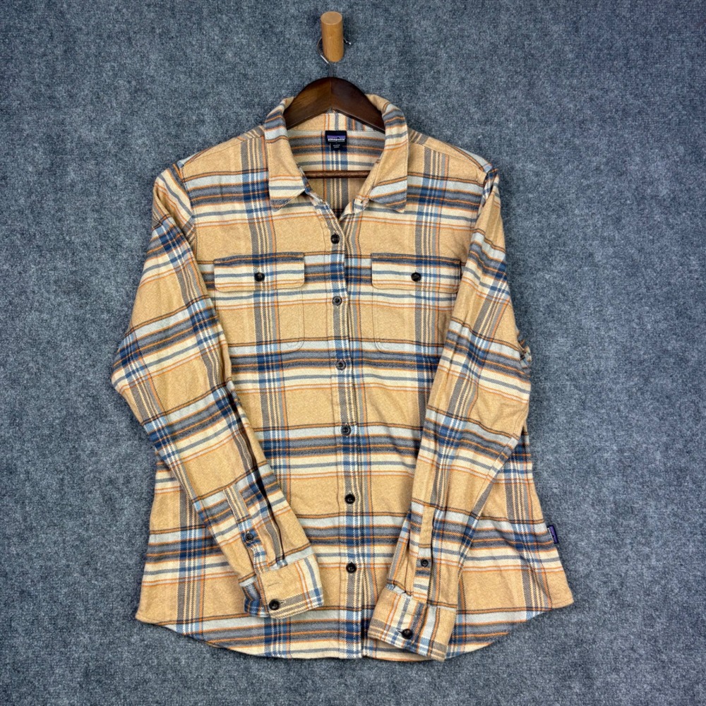 Patagonia Fjord Flannel Shirt Womens Large L Tan Plaid Organic Cotton Button Up - Picture 2 of 8